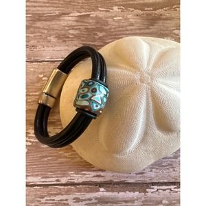 Black Leather Bracelet with Turquoise Clay Bead and Magnetic Clasp